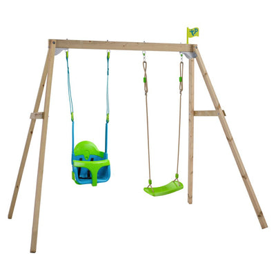 The TP Toys TP Forest Wooden Double Swing with Quadpod and Roped Rapide Seats (FSC® certified) features a green baby swing with blue straps on the left, a green flat swing on the right, and a small yellow flag at the top right.