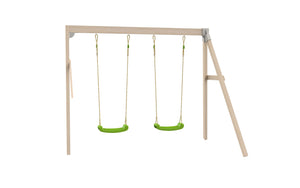 The TP Toys Double Wooden Swing Arm for Buttercup Cottage Playhouse, made from FSC® certified wood, features two green plastic rope swings and is shown against a plain white background.