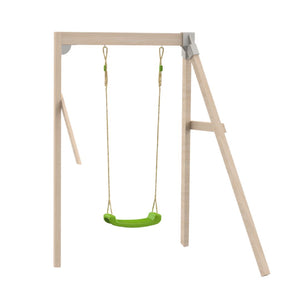 The TP Toys Single Wooden Swing Arm for Buttercup Cottage Playhouse is made from FSC® certified wood and comes with a green plastic seat suspended by ropes.