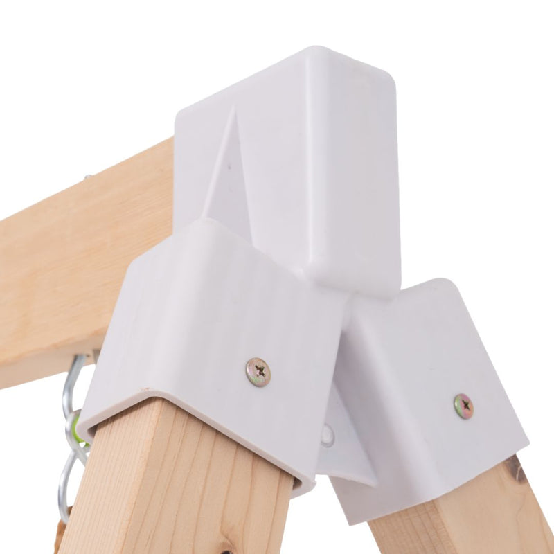Close-up of a Single Wooden Swing Arm joint for the Buttercup Cottage Playhouse by TP Toys, secured with white brackets and screws, crafted from FSC® certified wood.