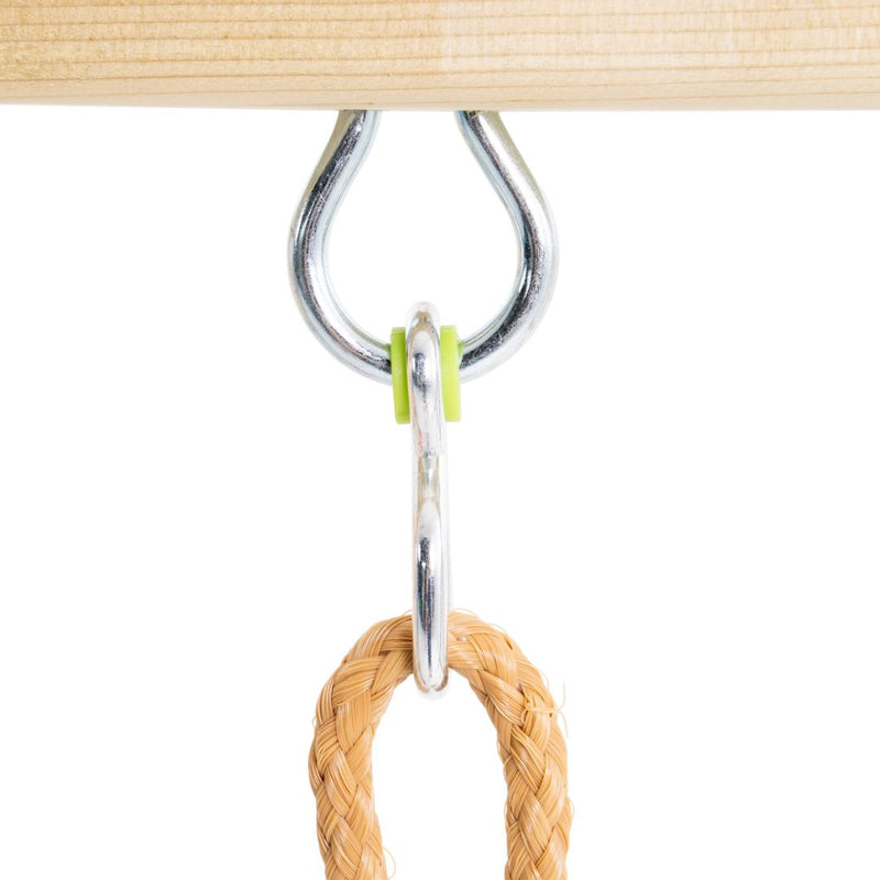 Close-up of a metal hook on the TP Toys Single Wooden Swing Arm for Buttercup Cottage Playhouse—FSC® certified—holding a metal ring connected to a braided rope loop, showcasing its durable design.
