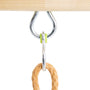 Close-up of a metal hook on the TP Toys Single Wooden Swing Arm for Buttercup Cottage Playhouse—FSC® certified—holding a metal ring connected to a braided rope loop, showcasing its durable design.