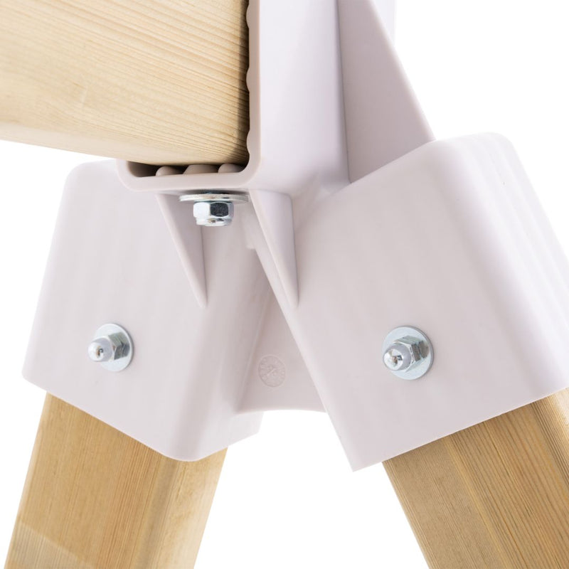 Close-up of a TP Toys Single Wooden Swing Arm joint for the Buttercup Cottage Playhouse, crafted from FSC® certified wood and secured with metal bolts and a light-colored plastic bracket.