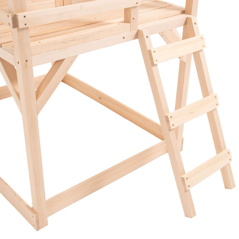 An unfinished Wooden Deck for the Buttercup Cottage Playhouse by TP Toys features horizontal steps and support beams made from FSC® certified wood.