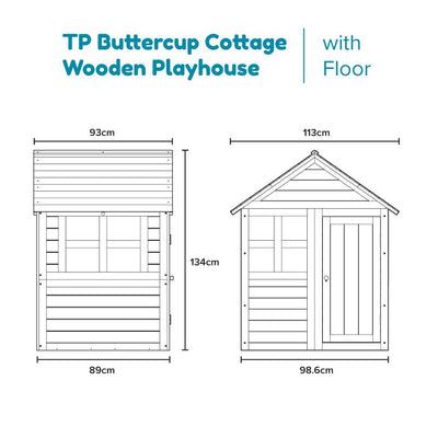 Diagram showing dimensions of the TP Toys Buttercup Cottage Wooden Playhouse with Floor – FSC® certified: 93cm wide, 134cm tall, and 113cm deep.