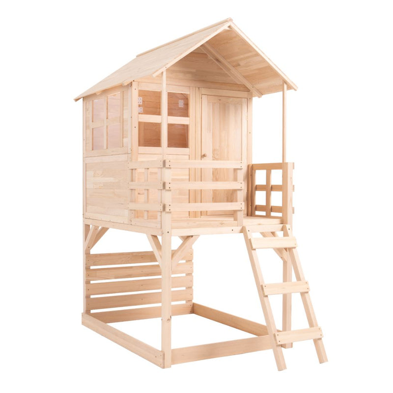 The TP Toys Buttercup Cottage Wooden Playhouse with Verandah and Deck is made from unfinished FSC® certified wood, elevated on stilts, and features a small front porch, ladder, and windows.