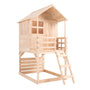 The TP Toys Buttercup Cottage Wooden Playhouse with Verandah and Deck is made from unfinished FSC® certified wood, elevated on stilts, and features a small front porch, ladder, and windows.