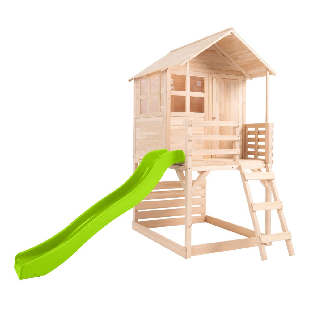 The TP Toys Buttercup Cottage Wooden Playhouse features a verandah, 6ft wavy slide, and deck. Made from FSC® certified wood, it's perfect for creating a fun and safe outdoor play space for kids.