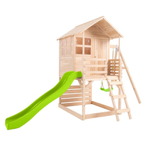 The Buttercup Cottage Wooden Playhouse by TP Toys, made from FSC® certified wood, features a verandah, 6ft wavy slide, swing arm, and deck—making it a perfect garden playhouse for hours of outdoor fun.