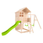 The TP Toys Buttercup Cottage Wooden Playhouse features a verandah, 6ft wavy slide, double swing arm with two swings and trapeze bar, and deck. Made from FSC® certified wood for outdoor play.