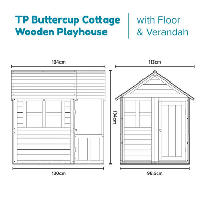 Line drawing with dimensions of the TP Toys Buttercup Cottage Wooden Playhouse with Floor and Verandah (FSC® certified), showing front and side views. Crafted for safe, sustainable play.