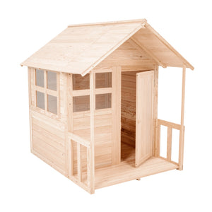 The Buttercup Cottage Wooden Playhouse with Floor and Verandah by TP Toys is crafted from FSC® certified wood, featuring an open door, two windows, and a small front porch—an ideal garden playhouse to inspire imaginative outdoor play.