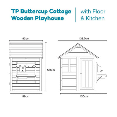 Diagram showing dimensions of the TP Toys Buttercup Cottage Wooden Playhouse with Floor and Mud Kitchen – FSC® certified, labeled in centimeters. Includes front and side views with measurements.