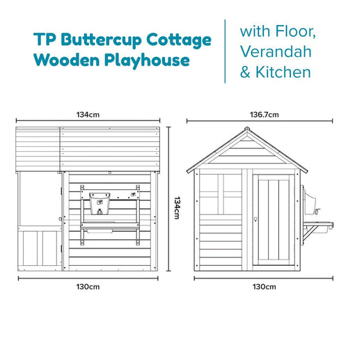 Line drawings display dimensions in centimeters and features of the TP Toys Buttercup Cottage Wooden Playhouse with Floor, Verandah, and Mud Kitchen—FSC® certified wood—for a charming addition to your garden.