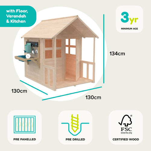 The TP Toys Buttercup Cottage Wooden Playhouse with Floor, Verandah, and Mud Kitchen - FSC® certified features pre-panelled, pre-drilled parts for easy assembly and is made from sustainably sourced wood. Measuring 134cm tall by 130cm wide and deep, this playhouse is suitable for children aged 3 and up.