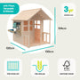 The TP Toys Buttercup Cottage Wooden Playhouse with Floor, Verandah, and Mud Kitchen - FSC® certified features pre-panelled, pre-drilled parts for easy assembly and is made from sustainably sourced wood. Measuring 134cm tall by 130cm wide and deep, this playhouse is suitable for children aged 3 and up.