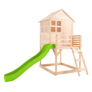 The TP Toys Buttercup Cottage Wooden Playhouse with Deck & 6ft Wavy Slide (FSC® certified) features windows, an enclosed porch, and a ladder—an ideal garden playhouse for imaginative outdoor fun.
