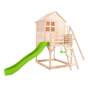 The TP Toys Buttercup Cottage Wooden Playhouse features a deck, swing arm, 6ft wavy slide, windows, ladder, and small porch—FSC® certified and perfect for outdoor adventures.