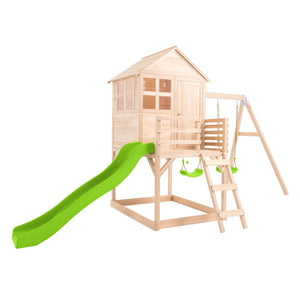 The Buttercup Cottage Wooden Playhouse by TP Toys features an elevated deck, double swing arm with two swings, and a 6ft wavy green slide—all FSC® certified for outdoor fun.