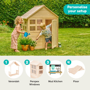 Two children play outside the Buttercup Cottage Wooden Playhouse by TP Toys on a grassy lawn. Below, four customisation options are displayed: verandah, Perspex windows, mud kitchen, and floor. Crafted from FSC® certified wood, this TP Toys playhouse provides sustainable fun and endless possibilities for imaginative outdoor adventures.