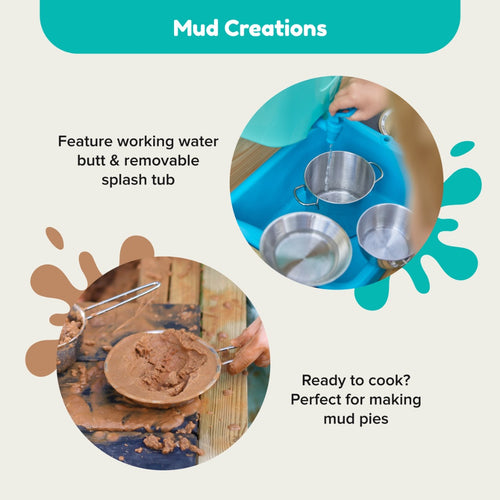 Two images show metal pots and a splash tub included with the Buttercup Cottage Wooden Playhouse with Floor and Mud Kitchen by TP Toys. The text highlights features such as a working water butt, a removable splash tub, and its suitability for pretend mud pie cooking. Crafted from FSC® certified wood, this delightful mud kitchen pairs perfectly with any wooden playhouse to inspire endless hours of imaginative outdoor play.