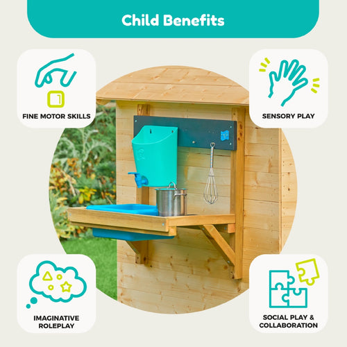 Diagram showing four child benefits of the TP Toys Buttercup Cottage Wooden Playhouse with Floor and Mud Kitchen—FSC® certified: fine motor skills, sensory play, imaginative roleplay, and social play & collaboration. This sturdy playhouse is crafted from FSC® certified wood and features a sink, bucket, pot, and whisk.