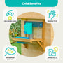 Diagram showing four child benefits of the TP Toys Buttercup Cottage Wooden Playhouse with Floor and Mud Kitchen—FSC® certified: fine motor skills, sensory play, imaginative roleplay, and social play & collaboration. This sturdy playhouse is crafted from FSC® certified wood and features a sink, bucket, pot, and whisk.