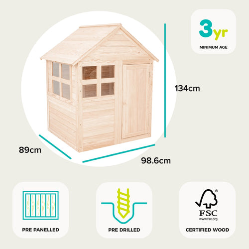 The Buttercup Cottage Wooden Playhouse - FSC® certified by TP Toys is a delightful outdoor playhouse for children aged 3 and up, ideal for gardens. Measuring 134cm high, 98.6cm wide, and 89cm deep, this playhouse features pre-panelled, pre-drilled parts for easy assembly and is made from FSC certified wood to ensure sustainable fun.