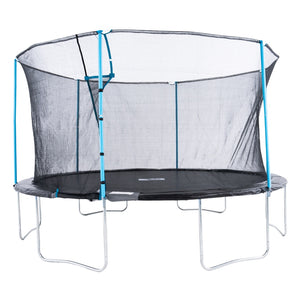 The TP Toys Up 14ft Trampoline features a round frame, blue support poles, safety net enclosure, and sturdy metal base—perfect for kids’ outdoor fun.