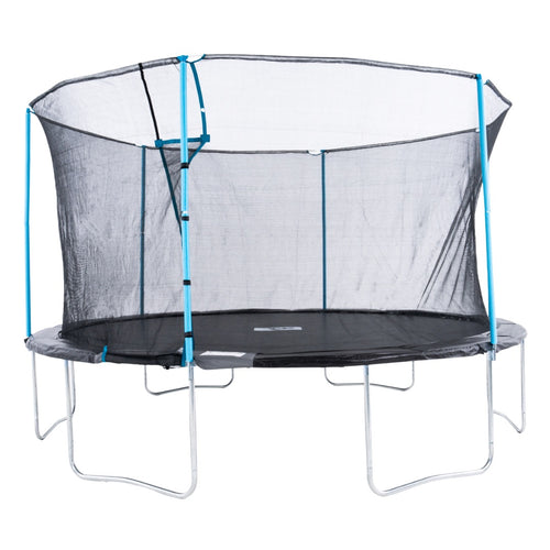The TP Toys Up 14ft Trampoline features a round frame, blue support poles, safety net enclosure, and sturdy metal base—perfect for kids’ outdoor fun.