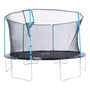 The TP Toys Up 14ft Trampoline features a round frame, blue support poles, safety net enclosure, and sturdy metal base—perfect for kids’ outdoor fun.