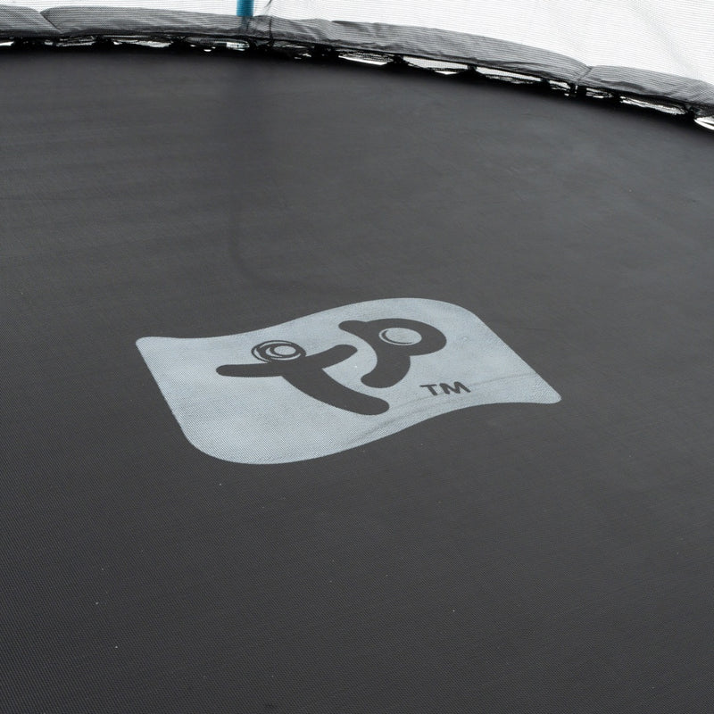 Close-up of the TP Toys logo on the mat of the TP Up 14ft Trampoline—an ideal choice for families wanting a safe trampoline for kids.