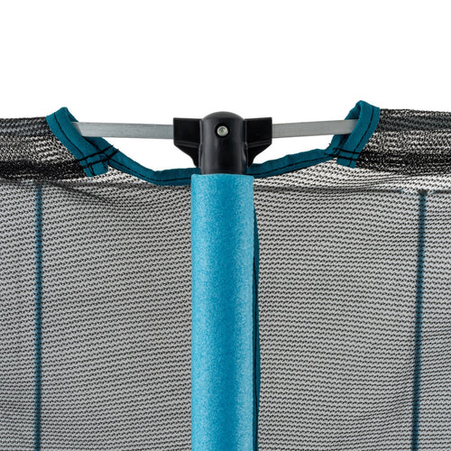 Close-up of a blue trampoline pole with black mesh safety net and black plastic connector—ideal for the TP Up 14ft Trampoline by TP Toys or any safe kids' garden trampoline.