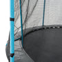 Close-up of the TP Toys TP Up 14ft Trampoline featuring a safety net, blue padded poles, and a black jumping mat—ideal as a safe trampoline for kids.