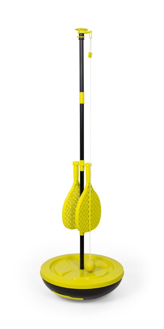 The Swingball Slingshot All Surface Wobble Base Swingball set features two rackets, a yellow ball on a string, and a sturdy black and yellow base for active play.