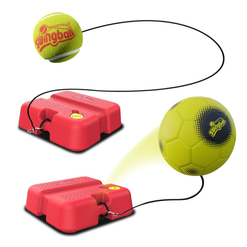 Two red plastic bases with cords attached to a yellow tennis and soccer ball—both labeled Swingball—sit on a white background. The TP Toys Swingball 2in1 Reflex Tennis and Football Trainer is ideal for solo practice.