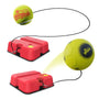 Two red plastic bases with cords attached to a yellow tennis and soccer ball—both labeled Swingball—sit on a white background. The TP Toys Swingball 2in1 Reflex Tennis and Football Trainer is ideal for solo practice.