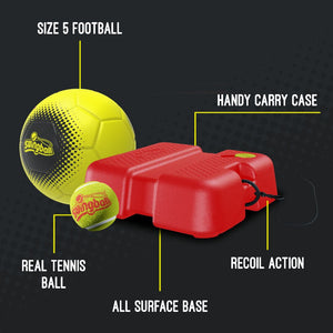 The TP Toys Swingball 2in1 Reflex Tennis and Football Trainer includes a red base with cord, size 5 football, real tennis ball, and feature labels—handy carry case, recoil action, all surface base—for ideal training fun.