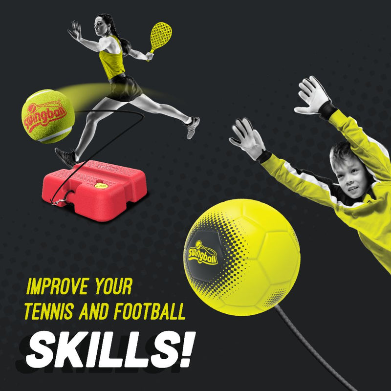A woman and a boy play with the TP Toys Swingball 2in1 Reflex Tennis and Football Trainer; text reads Improve your tennis and football skills! on a dark background.