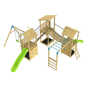 The TP Skywood Three Tower Climbing Frame Play Set by TP Toys features three modular towers, rope bridges, a green slide, double swings, climbing walls, ladder, and monkey bars—displayed on a white background. FSC® certified.