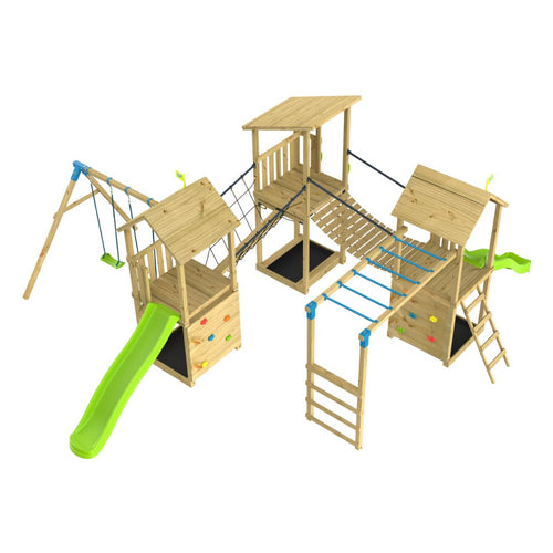 The TP Skywood Three Tower Climbing Frame Play Set by TP Toys features three modular towers, rope bridges, a green slide, double swings, climbing walls, ladder, and monkey bars—displayed on a white background. FSC® certified.