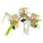 The TP Skywood Three Tower Climbing Frame Play Set by TP Toys features three modular towers, rope bridges, a green slide, double swings, climbing walls, ladder, and monkey bars—displayed on a white background. FSC® certified.