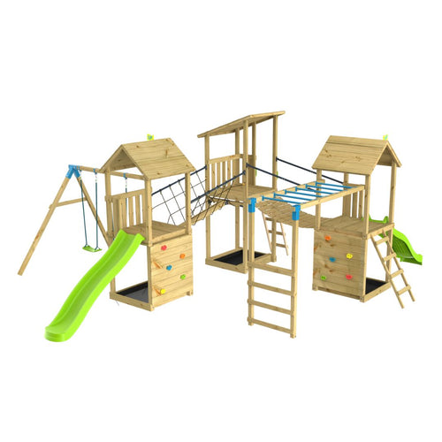 The TP Toys TP Skywood Three Tower Climbing Frame Play Set – FSC® certified, features a modular play tower with three towers, two slides, double swings, climbing walls, ladders, and rope bridges against a white background.
