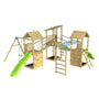 The TP Toys TP Skywood Three Tower Climbing Frame Play Set – FSC® certified, features a modular play tower with three towers, two slides, double swings, climbing walls, ladders, and rope bridges against a white background.