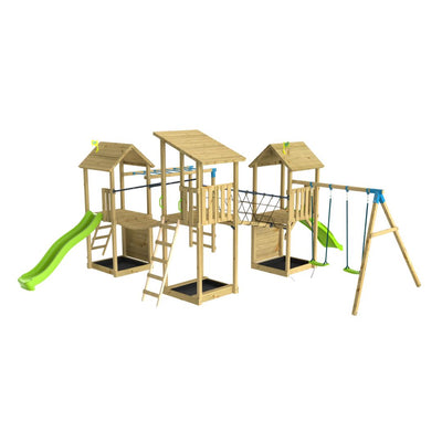 The TP Toys TP Skywood Three Tower Climbing Frame Play Set - FSC® certified features three modular towers, connecting bridges, a green slide, double swing set, ladders and climbing elements for endless outdoor fun.