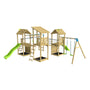 The TP Toys TP Skywood Three Tower Climbing Frame Play Set - FSC® certified features three modular towers, connecting bridges, a green slide, double swing set, ladders and climbing elements for endless outdoor fun.