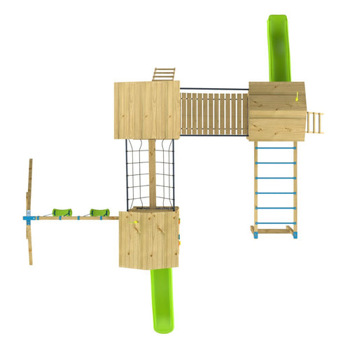 Top view of the TP Toys Skywood Three Tower Climbing Frame Play Set – FSC® certified, showing a modular tower with two green slides, climbing ladder, bridge, double swing set, and climbing net.