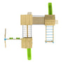 Top view of the TP Toys Skywood Three Tower Climbing Frame Play Set – FSC® certified, showing a modular tower with two green slides, climbing ladder, bridge, double swing set, and climbing net.