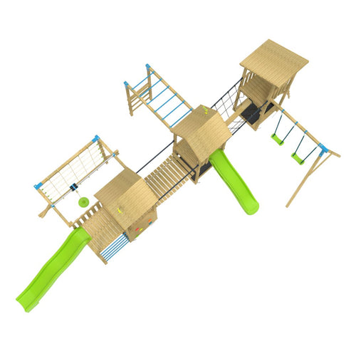 Aerial view of the TP Toys Skywood Wooden Climbing Frame featuring three towers, a sky deck, flying fox, monkey bars, double swing arm, and two slides—FSC® certified for outdoor kids' play.
