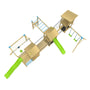 Aerial view of the TP Toys Skywood Wooden Climbing Frame featuring three towers, a sky deck, flying fox, monkey bars, double swing arm, and two slides—FSC® certified for outdoor kids' play.